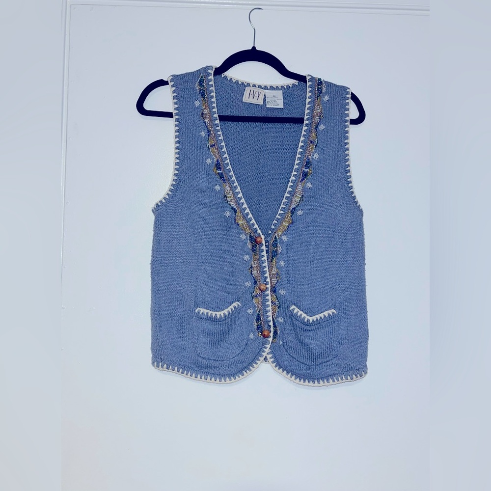 Embroidered Vintage Ivy Silk‎ Cotton Blend Knit Vest - Size M glass beading